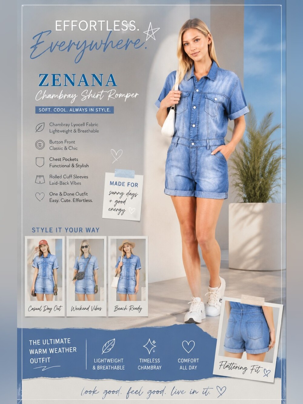 Zenana Chambray | Shirt Romper – Denim Lyocell Button Front - Picture 3 of 4